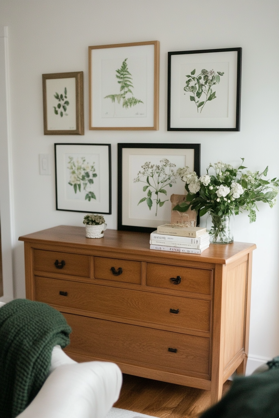 Floral artwork and prints on wall