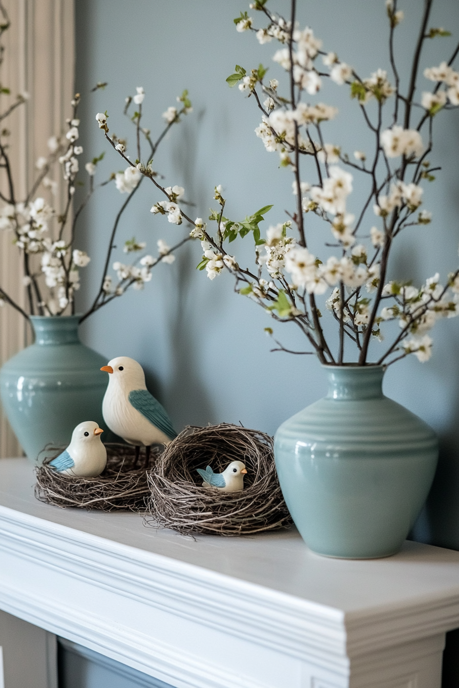 Bird-themed spring décor display