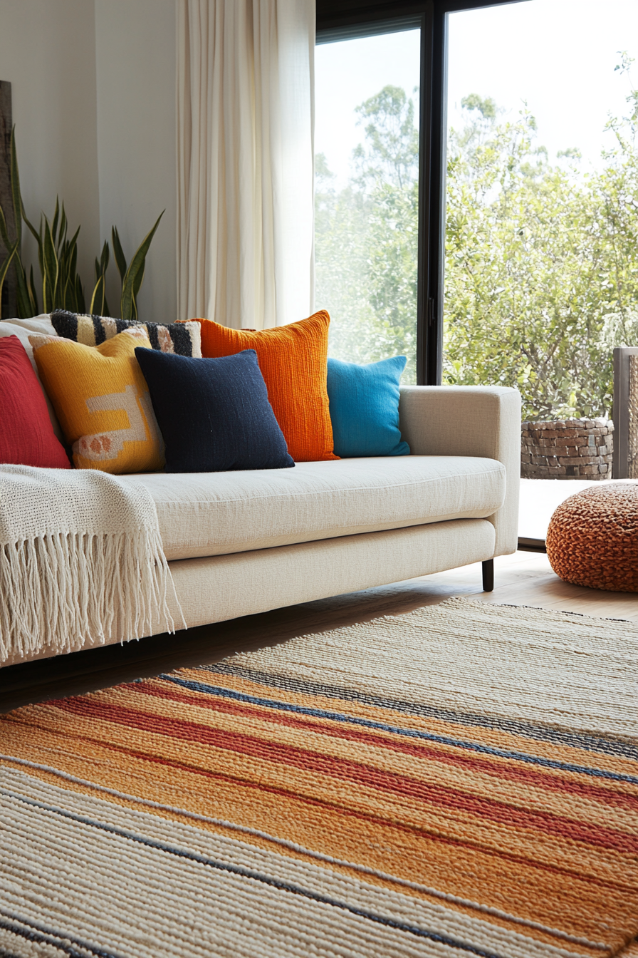 Stacked rugs with bright color accents