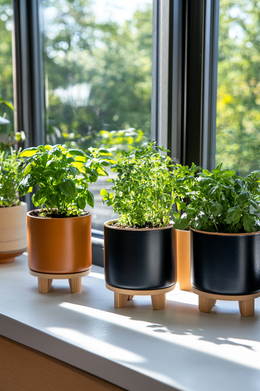 Indoor herb garden in stylish planters