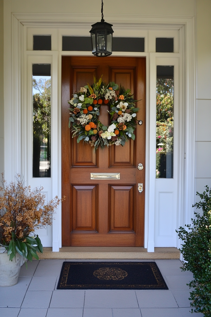 Seasonal door wreath with dried and fresh flora