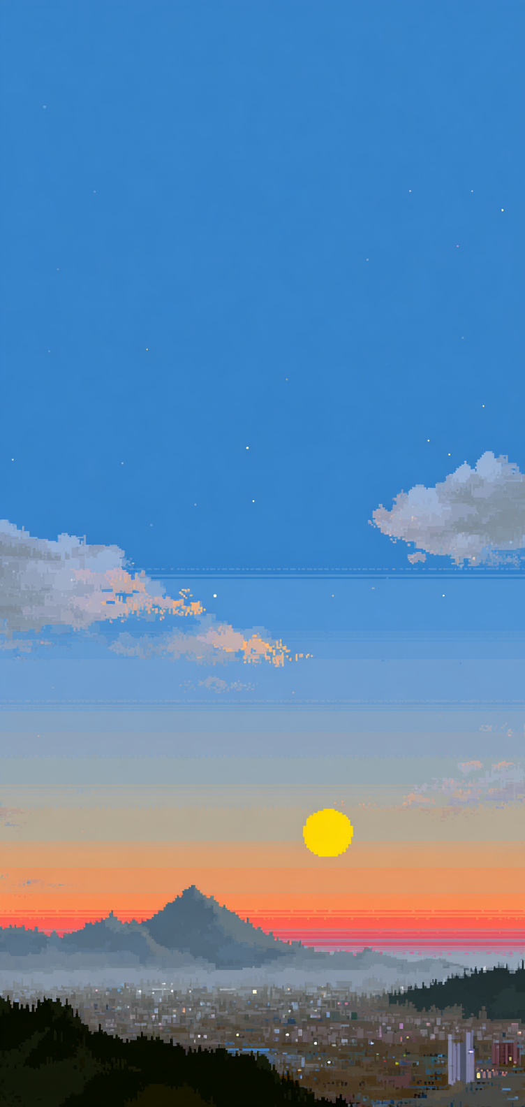 Pixel art mountain landscape at dawn