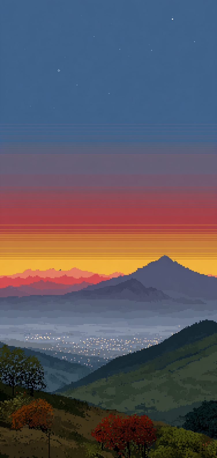 Retro pixel sunrise over peaks