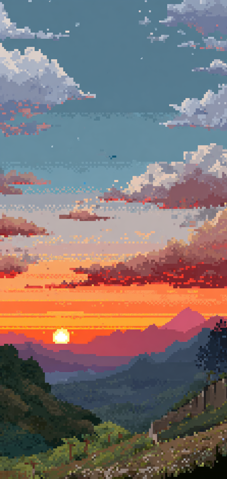 Charming pixel dawn scene, vertical