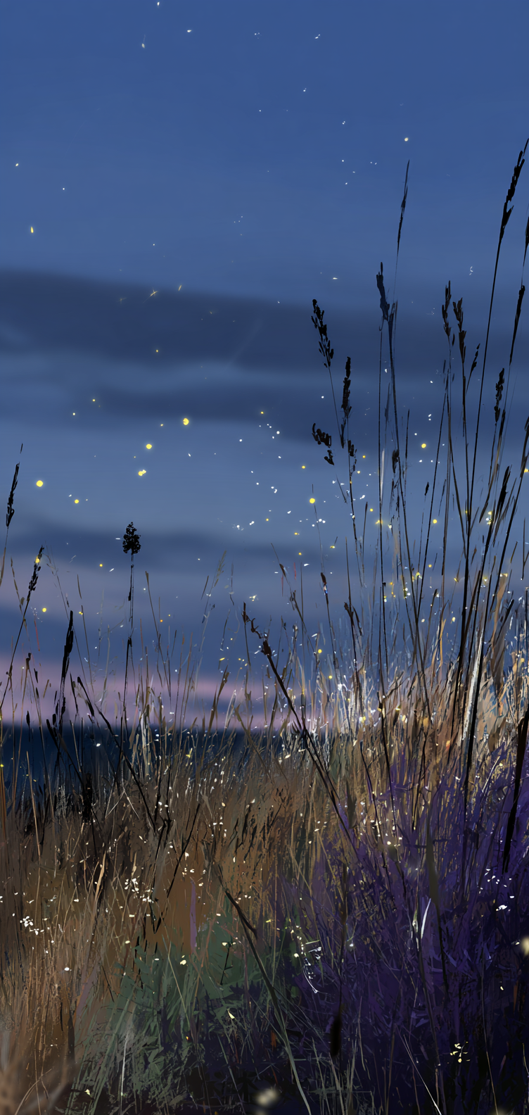 Dusk meadow with glowing fireflies