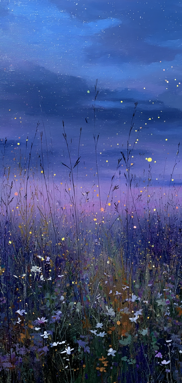 Tiny light specks over twilight grass