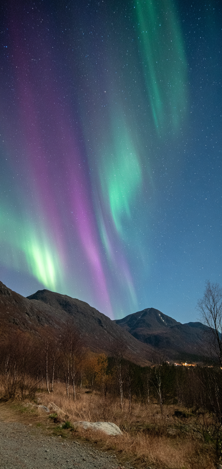 Aurora borealis above mountain silhouettes