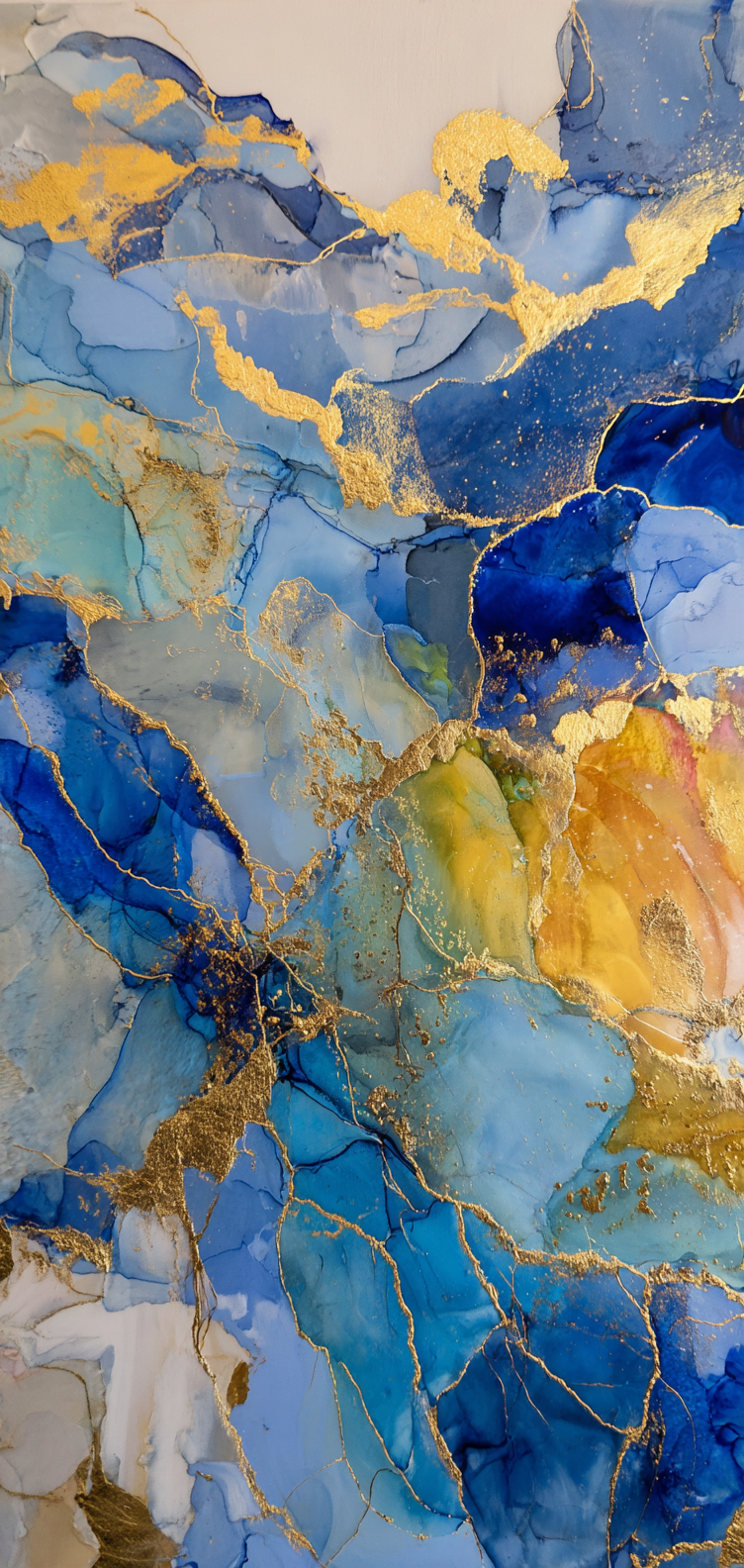 Blue and gold marbled ink swirl wallpaper