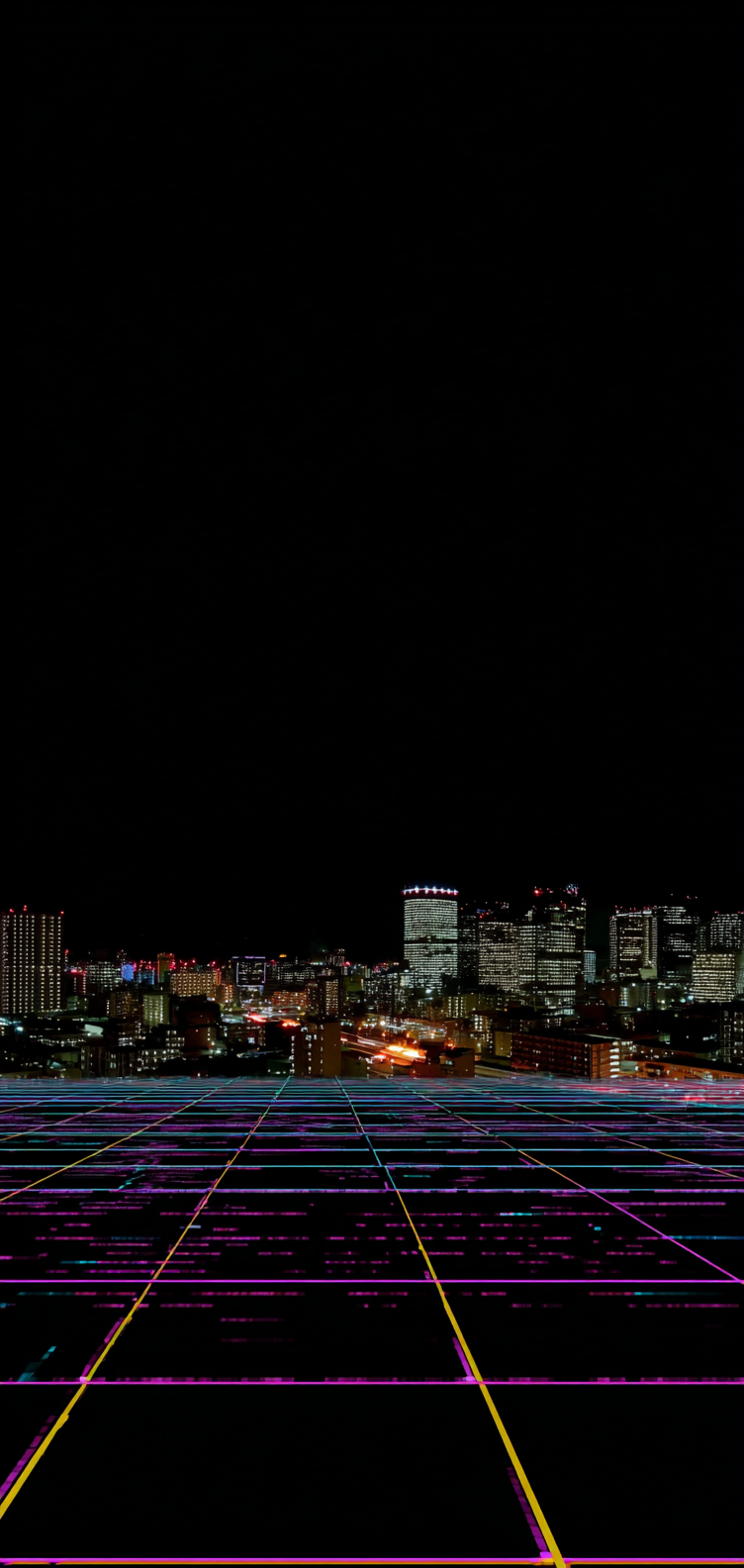 Neon cyberpunk grid fading into city glow