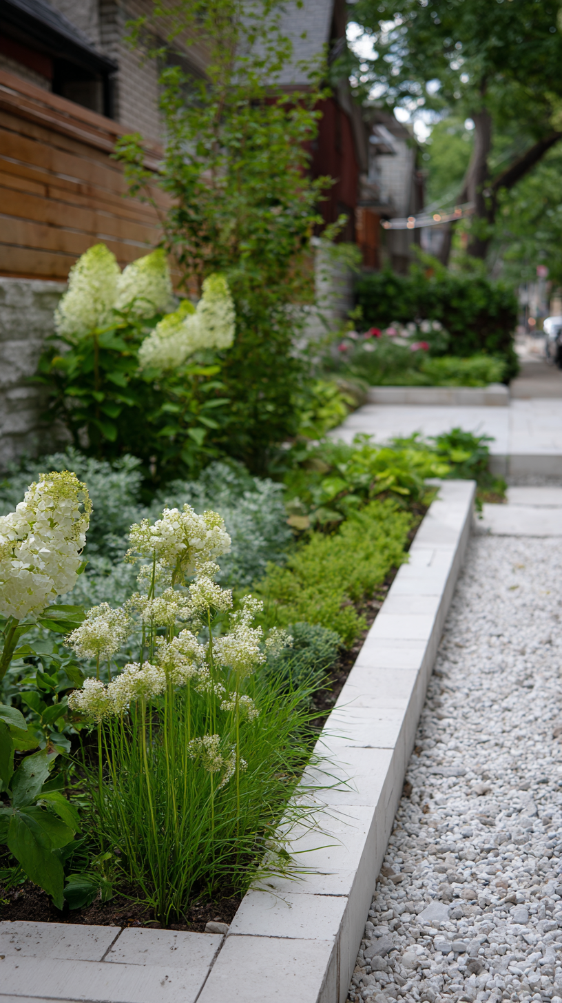 Modern flower bed using a single limestone palette with soft perennials