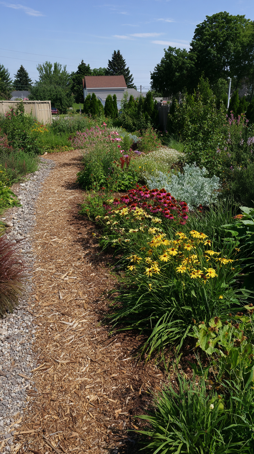 Sunny gravel-mulched bed contrasted with organic-mulched shade bed