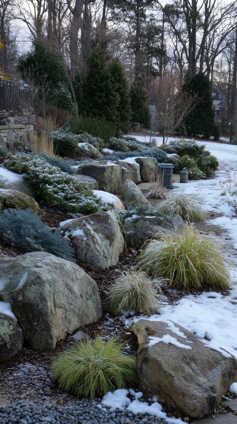 Snow-dusted anchor stones with evergreen tufts and seedheads